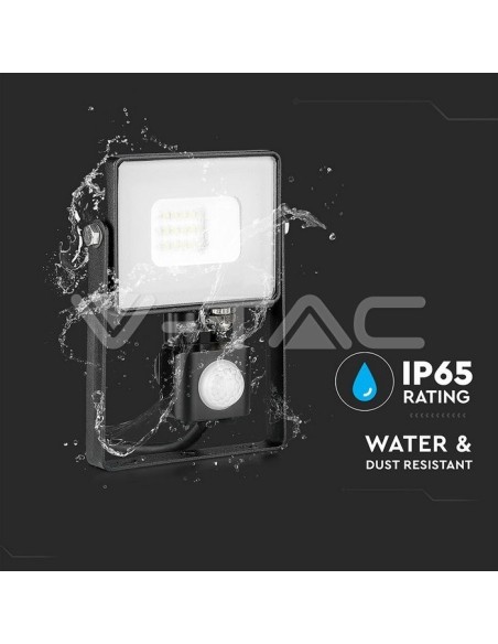 V-TAC PRO VT-10-S Zwart 10W Samsung Chip LED Spotlight met bewegings- en schemeringssensor en vergrendelingsschakelaar