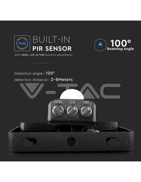 V-TAC PRO VT-10-S Zwart 10W Samsung Chip LED Spotlight met bewegings- en schemeringssensor en vergrendelingsschakelaar