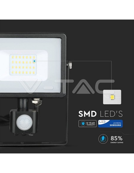 V-TAC PRO VT-20-S Lámpara LED negra de 20W con sensor de movimiento y crepuscular e interruptor de bloqueo