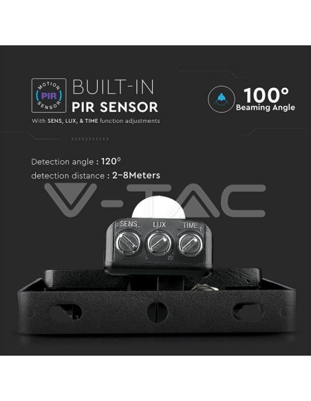 V-TAC PRO VT-20-S Samsung 20W zwarte LED Chip Light met bewegings- en schemeringssensor en vergrendelingsschakelaar