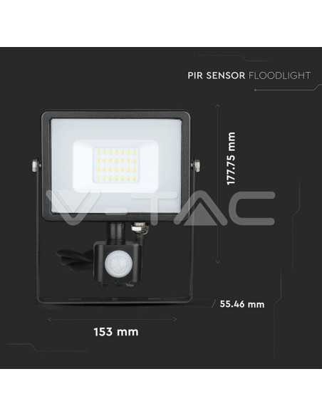 V-TAC PRO VT-20-S Faro LED Chip Samsung 20W Colore Nero con Sensore di Movimento e Crepuscolare e Interruttore di Bloccaggio