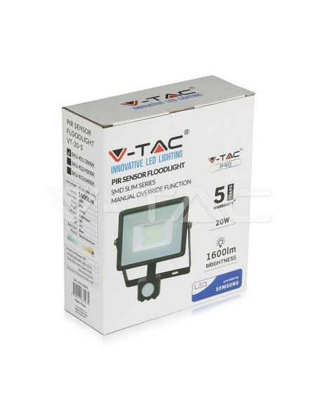 V-TAC PRO VT-20-S Lámpara LED negra de 20W con sensor de movimiento y crepuscular e interruptor de bloqueo