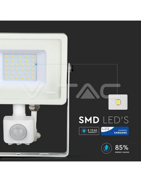 V-TAC PRO VT-30-S Faro LED 30W Chip Samsung Colore Bianco con Sensore di Movimento e Crepuscolare e Interruttore di Bloccaggio 