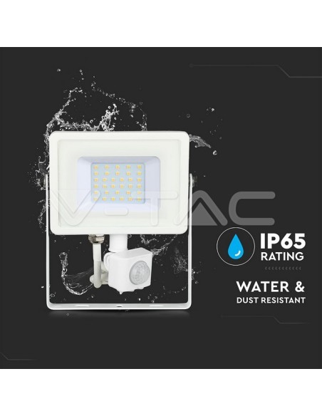 V-TAC PRO VT-30-S 30W Samsung Chip LED Spotlight White con sensor de movimiento y crepuscular e interruptor de bloqueo