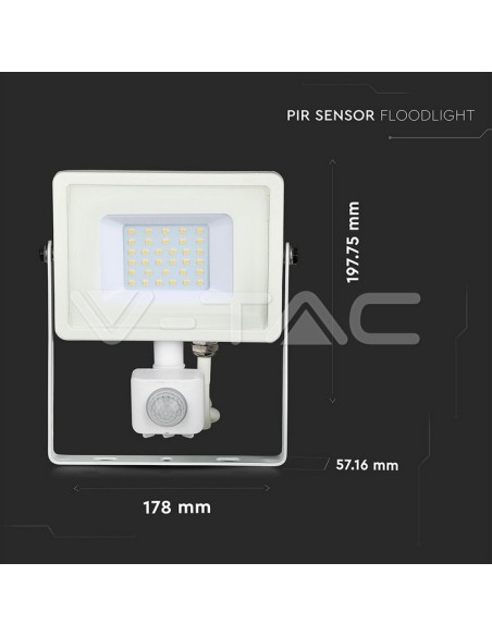 V-TAC PRO VT-30-S Spot LED 30W Samsung Chip Blanc avec détecteur de mouvement et de crépuscule et interrupteur de verrouillage