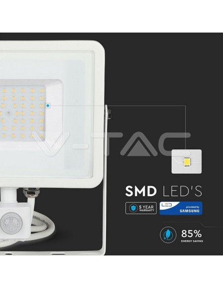 V-TAC PRO VT-50-S 50W Samsung Chip LED Schijnwerper Wit met bewegings- en schemeringssensor en vergrendelingsschakelaar