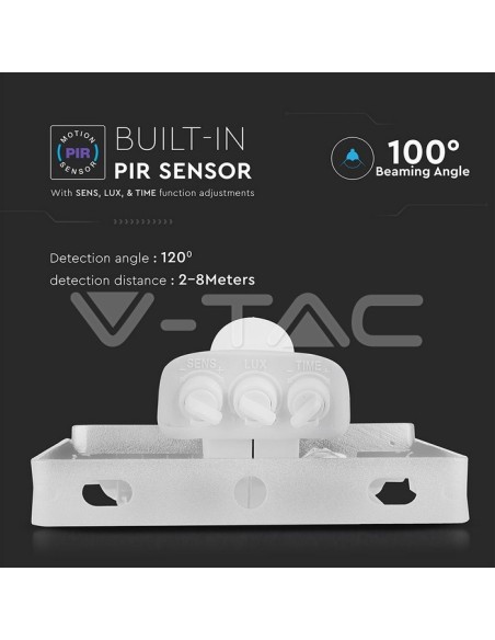 V-TAC PRO VT-50-S 50W Samsung Chip LED Floodlight White with Motion and Twilight Sensor and Locking Switch