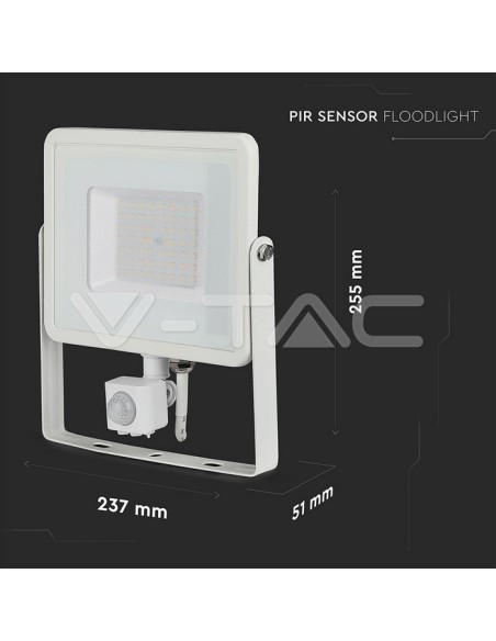 V-TAC PRO VT-50-S 50W Samsung Chip LED Floodlight avec détecteur de mouvement et de crépuscule et interrupteur de verrouillage