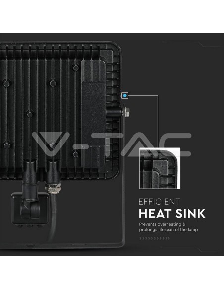 V-TAC PRO VT-50-S Faro LED 50W Chip Samsung Colore Nero con Sensore di Movimento e Crepuscolare e Interruttore di Bloccaggio 