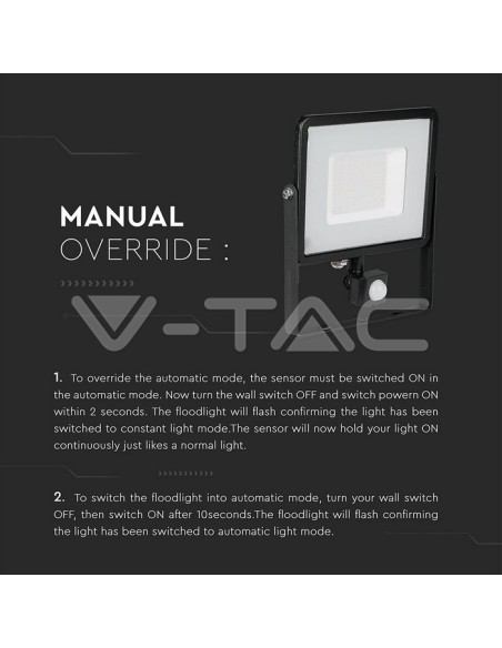 V-TAC PRO VT-50-S Spot LED 50W Samsung Chip Noir avec détecteur de mouvement et de crépuscule et interrupteur de verrouillage