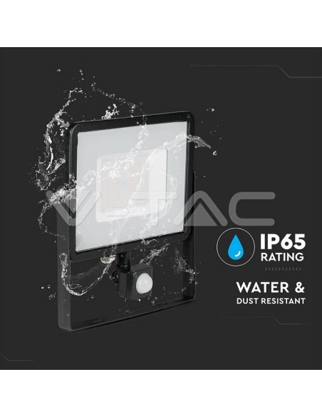 V-TAC PRO VT-50-S 50W Samsung Chip LED Spotlight Zwart met bewegings- en schemeringssensor en vergrendelingsschakelaar