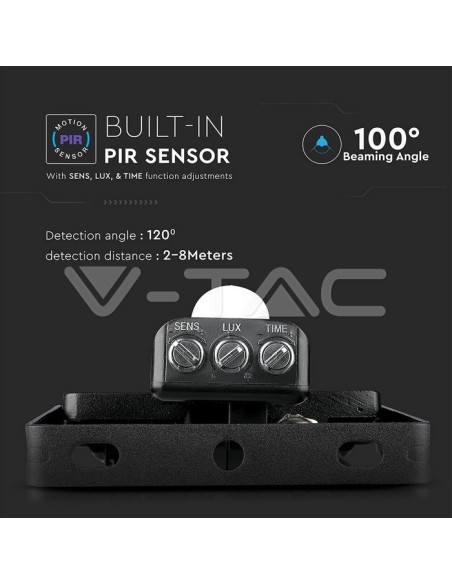 V-TAC PRO VT-50-S Foco LED con chip Samsung de 50W, negro, con sensor de movimiento y crepuscular e interruptor de bloqueo