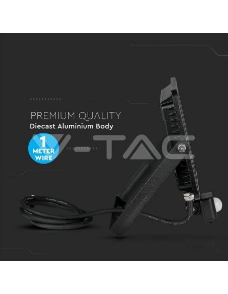 V-TAC PRO VT-50-S 50W Samsung Chip LED Spotlight Zwart met bewegings- en schemeringssensor en vergrendelingsschakelaar