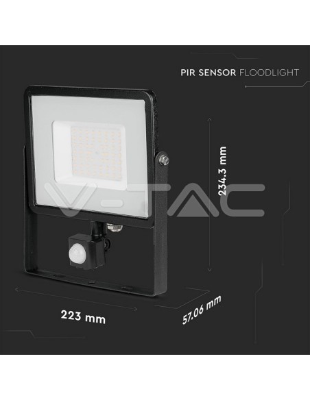 V-TAC PRO VT-50-S 50W Samsung Chip LED Spotlight Zwart met bewegings- en schemeringssensor en vergrendelingsschakelaar