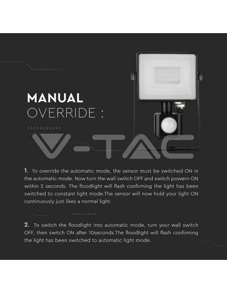 V-TAC PRO VT-30-S Foco LED con chip Samsung de 30W, negro, con sensor de movimiento y crepuscular e interruptor de bloqueo