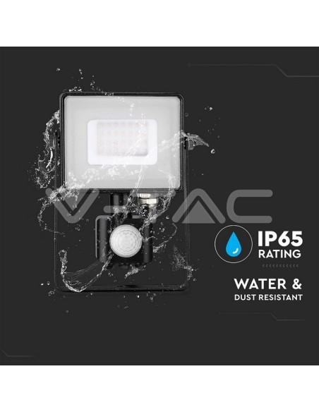 V-TAC PRO VT-30-S Faro LED 30W Chip Samsung Colore Nero con Sensore di Movimento e Crepuscolare e Interruttore di Bloccaggio
