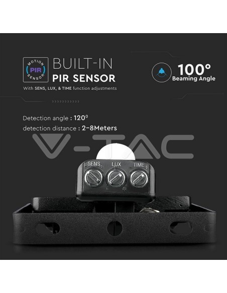 V-TAC PRO VT-30-S 30W Samsung Chip LED Strahler Schwarz mit Bewegungs- und Dämmerungssensor und Sperrschalter