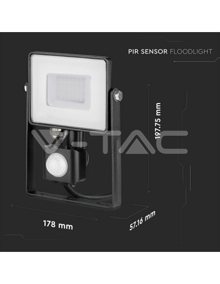 V-TAC PRO VT-30-S 30W Samsung Chip LED Spotlight Zwart met bewegings- en schemeringsensor en vergrendelschakelaar