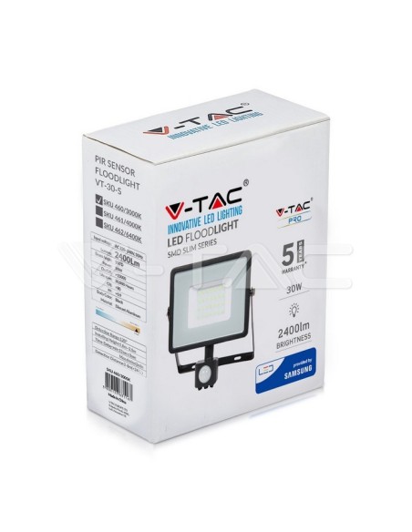 V-TAC PRO VT-30-S 30W Samsung Chip LED Spotlight Black with Motion and Twilight Sensor and Locking Switch