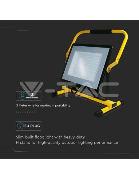 V-TAC PRO VT-109 LED Worksite Spotlight Samsung Chip 100W Colour Yellow and Black Cable 3m EU plug IP65