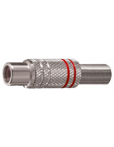 Vernickelte RCA-Buchse mit Kabelführungsfeder - mit roten Ringen