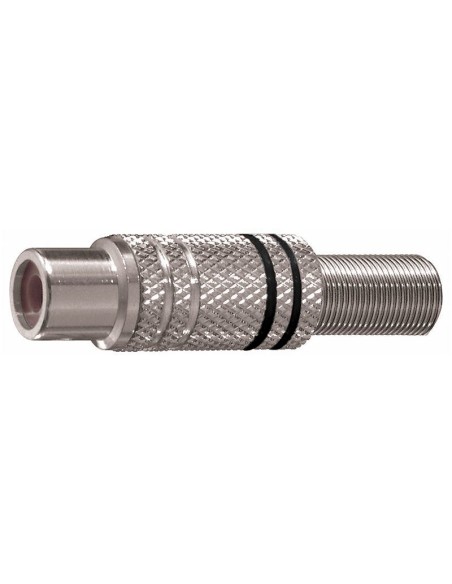 Vernickelte RCA-Buchse mit Kabelführungsfeder - mit schwarzen Ringen