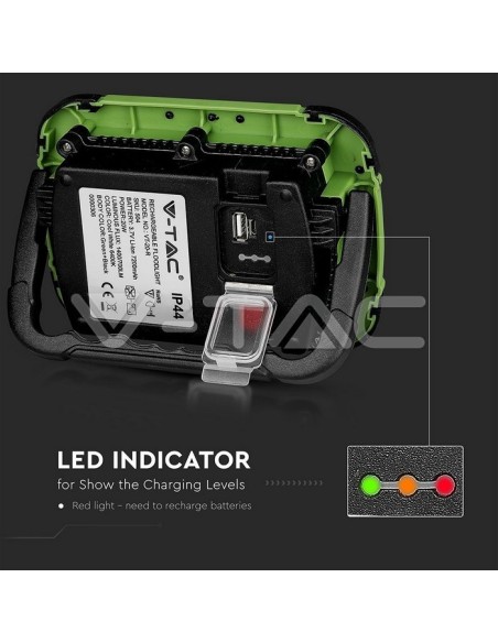 V-TAC PRO VT-20-R Foco LED de 20W alimentado por batería con carga USB, función SOS y salida USB 5V 1A, IP44