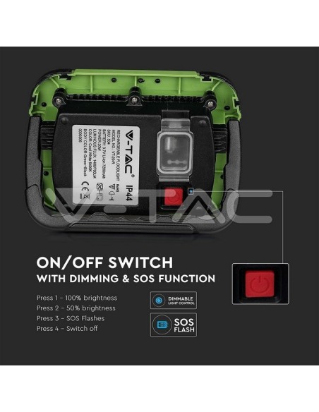 V-TAC PRO VT-20-R Projecteur LED 20W alimenté par batterie avec chargeur USB, fonction SOS et sortie USB 5V 1A, IP44