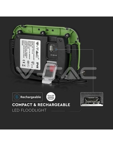 V-TAC PRO VT-11-R Projecteur LED 10W alimenté par batterie avec chargeur USB, fonction SOS et sortie USB 5V 1A, IP44