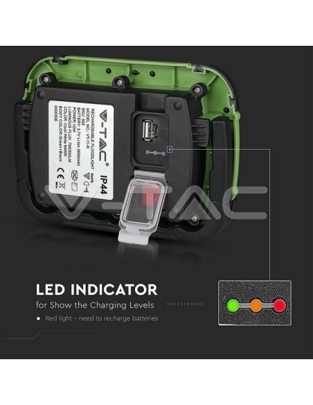 V-TAC PRO VT-11-R 10W LED Battery-Powered Spotlight with USB Charging, SOS Function and 5V 1A USB output, IP44