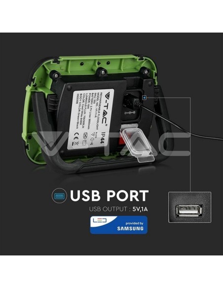 V-TAC PRO VT-11-R Foco LED de 10W alimentado por batería con carga USB, función SOS y salida USB 5V 1A, IP44