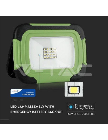 V-TAC PRO VT-10-R Faro LED Chip Samsung 10W a Batteria con Ricarica USB, IP44