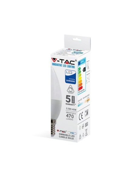 V-TAC PRO VT-293D LED Dimbare E14 Samsung Chip 5.5W Kaarslamp