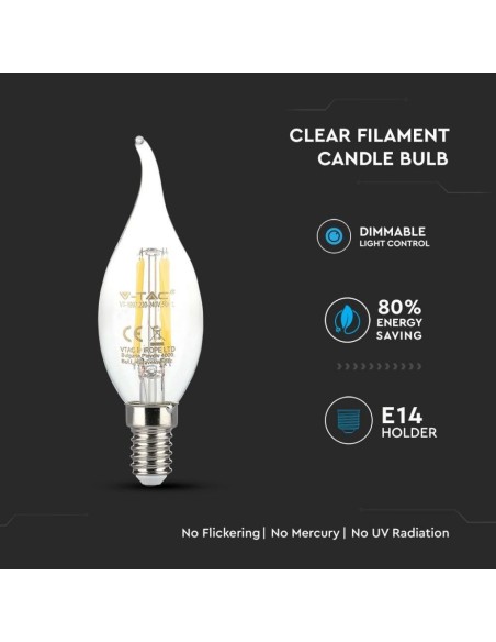 V-TAC VT-1997D 4366 LED-lamp E14 4W vlam filament kaars 2700K dimbaar