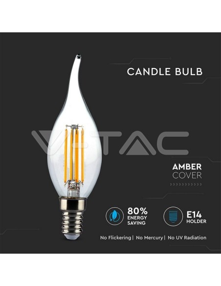 V-TAC VT-1949 7114 LED Bulb E14 4W Filament Flame Candle Glass Amber 2200K