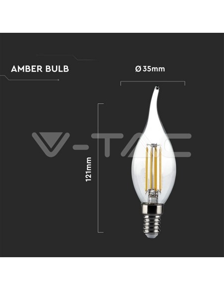 V-TAC VT-1949 7114 LED Bulb E14 4W Filament Flame Candle Glass Amber 2200K