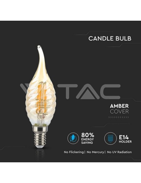 V-TAC VT-1947 7116 LED Bulb E14 4W Twisted Flame Filament Glass Bulb Amber 2700K