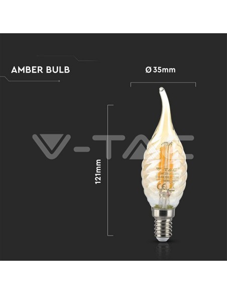 V-TAC VT-1947 7116 LED Bulb E14 4W Twisted Flame Filament Glass Bulb Amber 2700K
