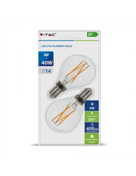 V-TAC VT-2184 7366 Blister 2 LED bulbs E14 4W P45 filament 2700K