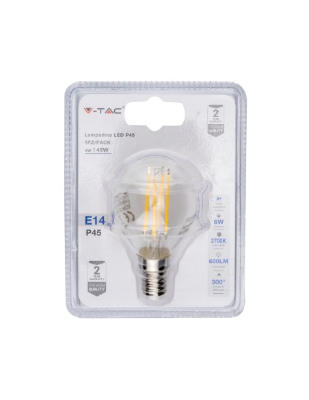 V-TAC VT-2127 2828 LED Blisterlamp E14 6W P45 Filament 3000K