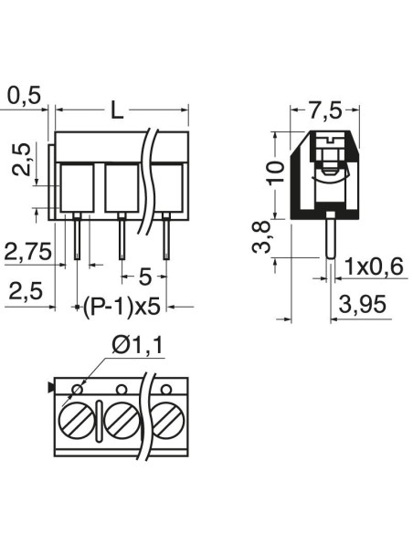 Bloque de terminales de lengüeta de 2 polos y 5 mm de paso para placas de circuito impreso