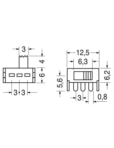 Slide switch SPDT ON-ON 90° for PCB, 30Vdc 03A - Lup Fung SKB-12F03-G4-NS