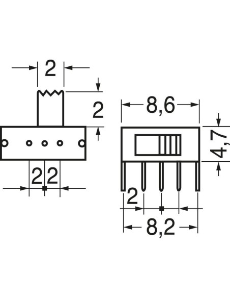 Interrupteur à glissière SPDT ON-ON 90° pour PCB, 30Vdc 0.3A - Lup Fung SKA-12D01N-G2-NA