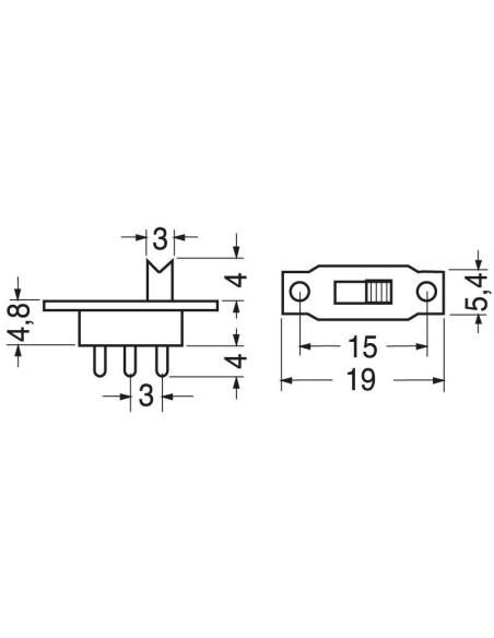 SPDT schuifschakelaar ON-ON voor printplaat, 30Vdc 0.3A - Lup Fung SSD-12F15-G4-NS-T6
