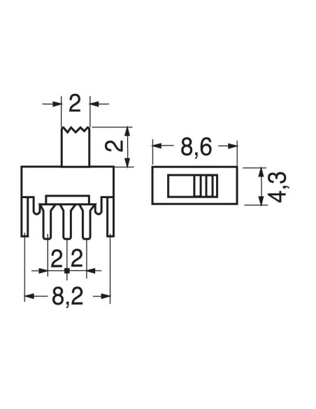 Interrupteur à glissière SPDT ON-ON pour PCB, 30Vdc 0.5A - Lup Fung SSA-12D02-G2-TA