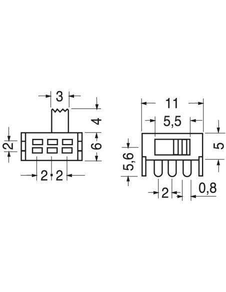 Slide switch DPDT ON-ON 90° for PCB, 30Vdc 0.3A - Lup Fung SKC-22D03-G4-NA