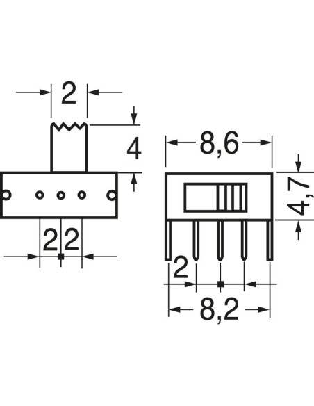 Interrupteur à glissière SPDT ON-ON 90° pour PCB, 30Vdc 0.3A - Lup Fung SKA-12D01N-G4-NA