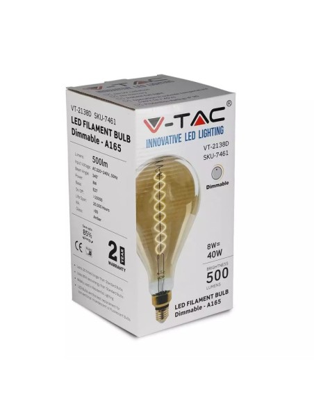 V-TAC VT-2138D 7461 LED Bulb E27 8W A165 Filament 2000K Dimmable
