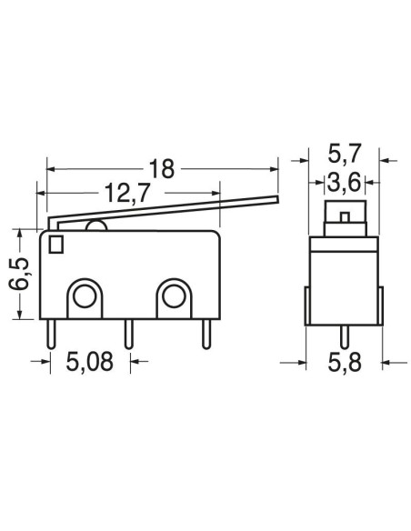Limit switch with lever 18mm, PCB terminals, 125V 1A