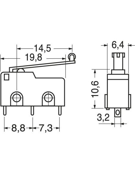 Limit switch with lever 16.6mm with roller, solder terminals, 125V 3A